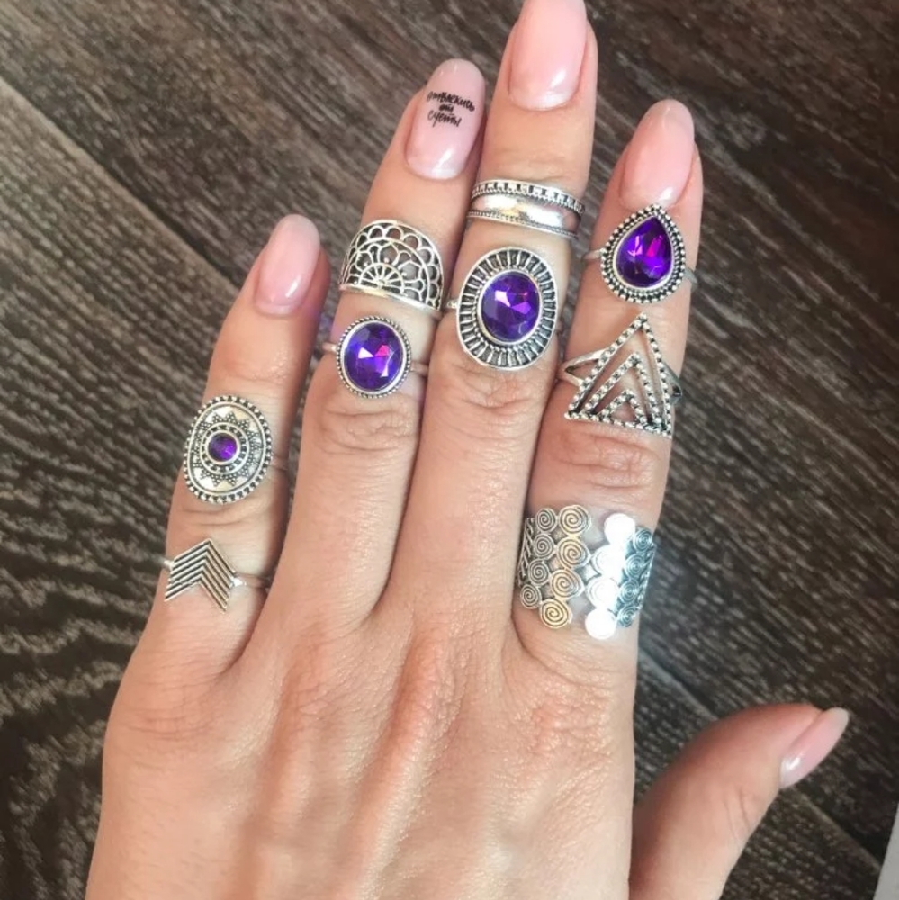 Purple Gem Bohemian Midi Ring 9pcs Set